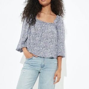 NWT American Eagle Women Blue Puff-Sleeve Button-Up Top